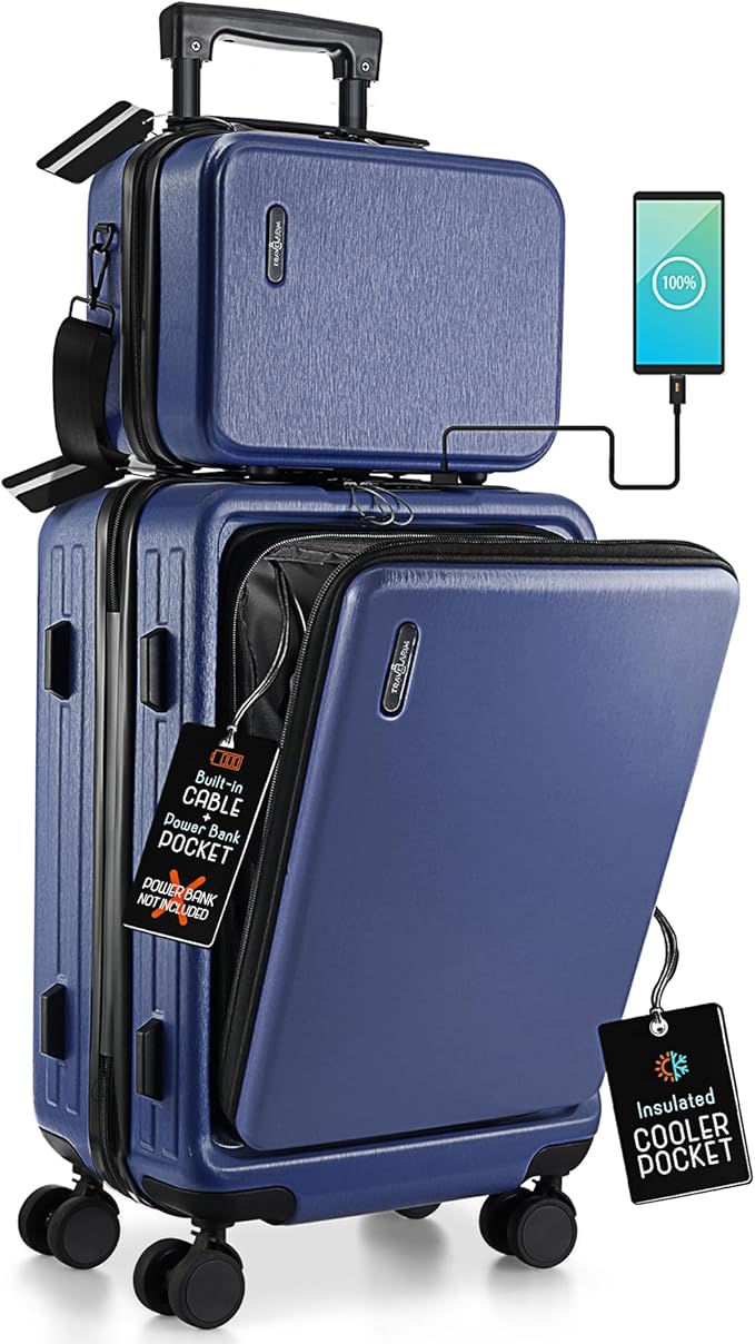 TRAVELARIM 20 Inch Carry On Luggage 22x14x9 Airline Approved, Carry On Suitcase with Wheels, Hard-shell Carry-on Luggage, Durable Luggage Carry-On, Navy Small Suitcase with Cosmetic Case