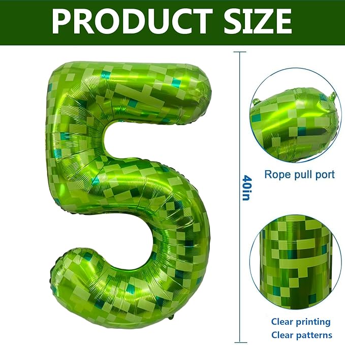Green Number Balloons, Gaint Green Pixel Number 5 Balloon 40 Inch Dark green 5 Balloon for Boys Girls Kids 5th Birthday Party Decoration