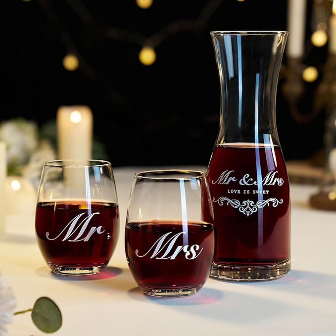 AW BRIDAL Wedding Gifts for Couples 2026, Mr and Mrs Wine Glasses with Decanter Set for Anniversary, Engagement Gift for Newly Engaged Couple, Bridal Shower Gift for Bride to Be