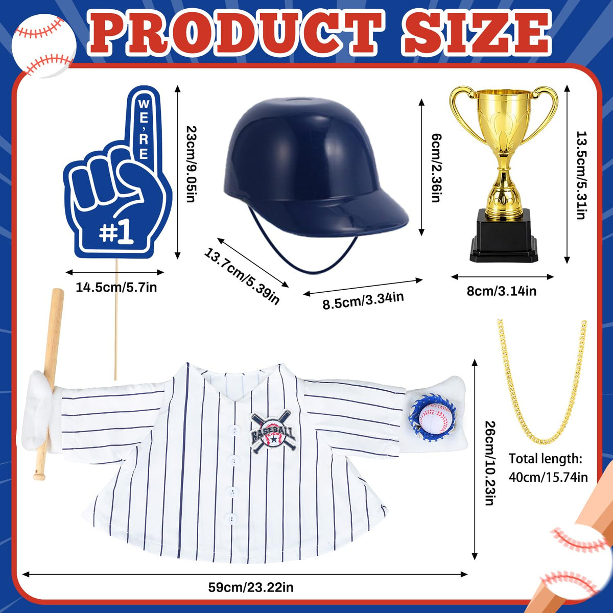 MOVINPE Baseball Goose Outfit for 23" Porch Goose Statue, Blue & White Pinstripe Team Uniform Set with Bat, Glove, Helmet, #1 Yard Sign & Trophy – Sports Lawn Decor Outdoor Patio Yard Decor