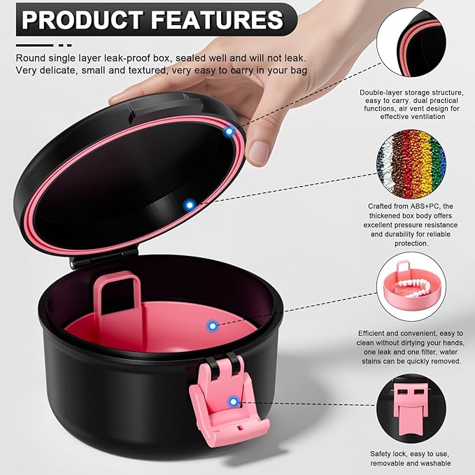 Denture Cup, Leak Proof Denture Bath Case for Travel, False Teeth Container for Soaking Dentures & Retainer, Retainer Cleaner Case, Black+Pink.