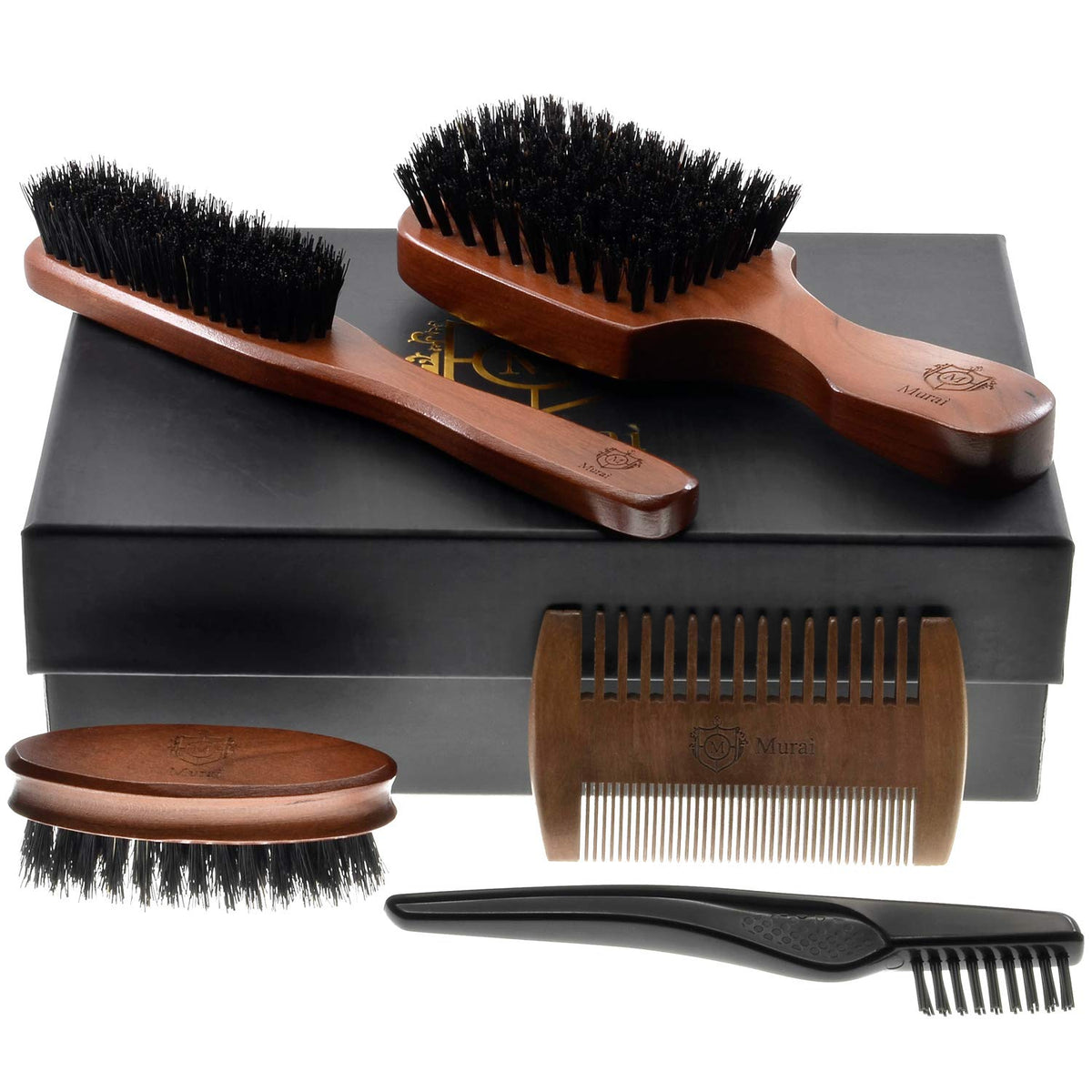 Murai Beard Kit for Men Gift Set Mens Beard Grooming Kit - Military Paddle Hair Brush, Large Handle Beard Brush, Pocket Sized Oval Beard Brush, Wood Beard Comb, and Hairbrush Cleaner