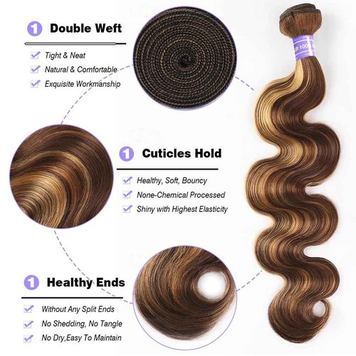 Perstar Ombre Human Hair Bundles Body Wave P4/27 Honey Blonde Bundles Highlight Brown Colored 3 Bundles 14 16 18 Inches 12A 100% Brazilian Virgin Remy Hair Weft