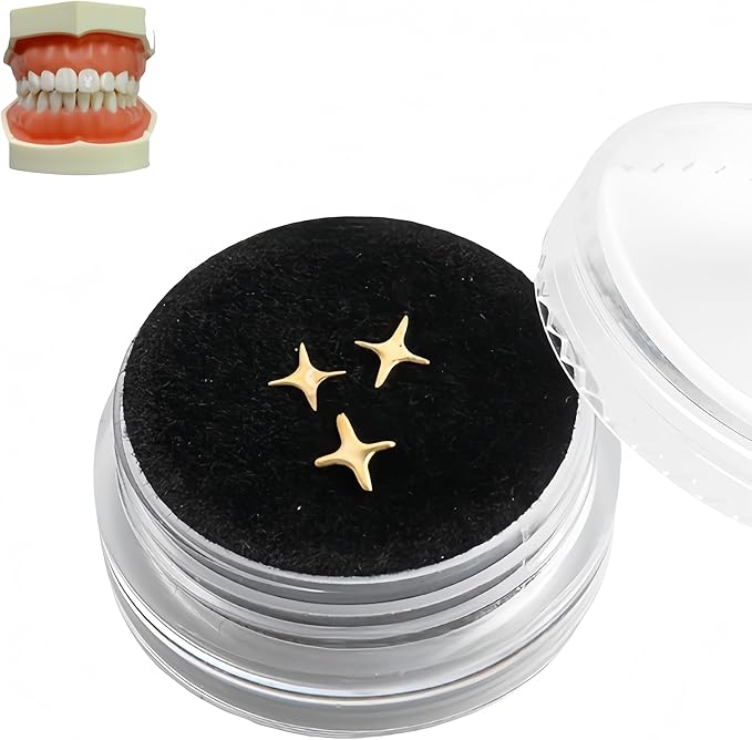 Tooth Gems Silver Alloy Ultra-Thin 3-Pack Reusable Trendy Spider Butterfly Rabbit Multi-Use Women Party Nail Art (Golden,Four Pointed Star)