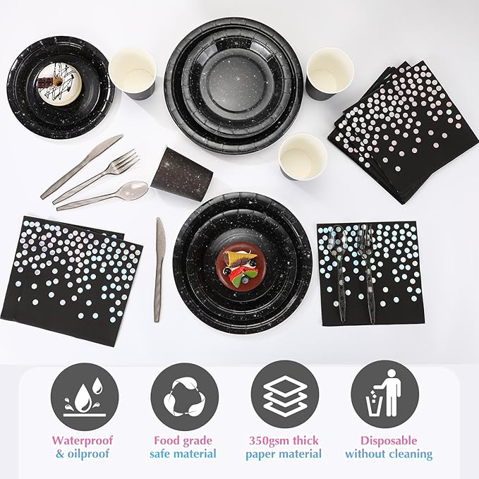 Hushee 175 Pcs Black Holographic Print Party Supplies Guests Disposable Dinnerware Set Include Paper Plates, Napkins, Cups, Plastic Cutlery for Wedding Birthday Disco Bachelorette