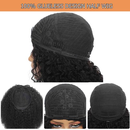 UWLK Half Wig Afro Curly 3 In 1 Glueless Wigs Human Hair 200 Density Curly Half Wig Human Hair for Women Beginner Friendly Drawstring Seamless Flip Headband Wig 18 Inch