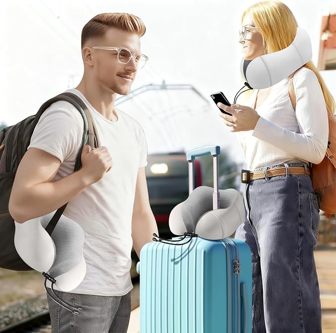 Neck Pillow for Traveling,Premium Memory Foam Travel Neck Pillow for Airplane,Soft Smooth & Breathable Cover,Adjustable Headrest Sleep Flight Pillow for Plane,Car,Office and Home,Light Grey
