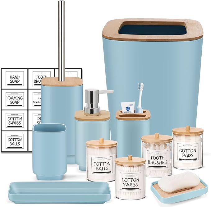 IMAVO Bathroom Accessories Set,Blue Bathroom Set,11 Pieces Bathroom Accessory Set,Trash Can for Bathroom Accessories Décor and Housewarming Gifts