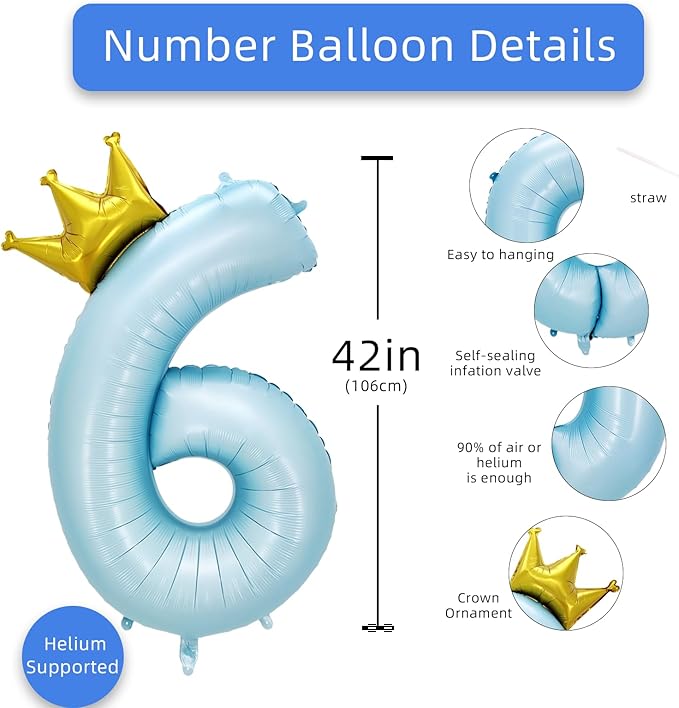 AULE 40 Inch Big Light Blue 6 Balloon Number with Crown Large Foil Helium Number Balloons 0-9 Jumbo Giant Happy 6th Birthday Party Decorations Huge Mylar Anniversary Party Supplies