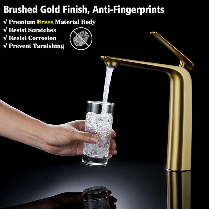 TOCALOCA Tall Bathroom Faucets Brushed Gold, One Hole Single Handle Lever Faucet for Vessel Bowl Sink, Premium Brass Bathroom Basin Faucet Lavatory Mixer Tap Gold