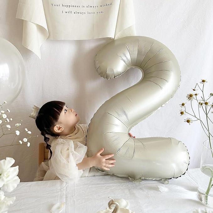 Number 2 Balloon Beige,40 Inch Large Cream Foil 2 Helium Balloons for Boys Girls Birthday Anniversary Decorations