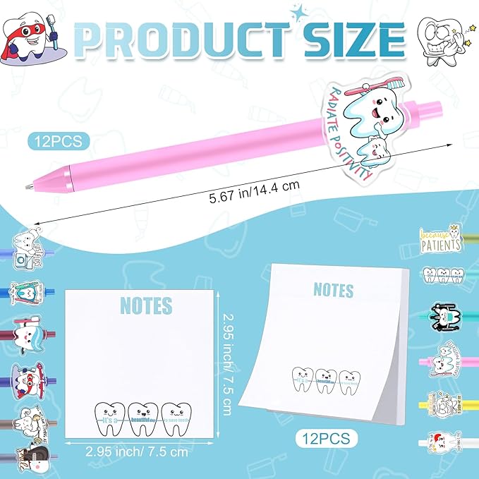 24 Pcs Dental Pen and Notepad Set Cute Tooth Ballpoint Pen Funny Notepad Dentist Assistant Accessories Dental Hygiene Month Gift for Nurse Doctor Medical Christmas Winter School Stationery