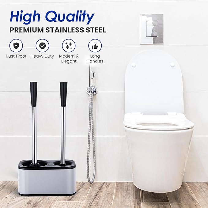 Stainless Steel Toilet Brush and Holder Set - Modern Toilet Brush and Plunger Set - Bathroom Essentials