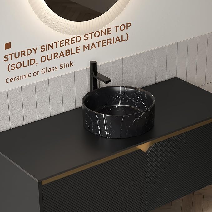 48 Inch Bathroom Vanity with Sink, Floating Fluted Vanity with Vessel Sink, Modern Wall Mounted Bathroom Vanity Cabinet with 2 Doors, Black Vessel Sink & Sintered Stone Top, Black