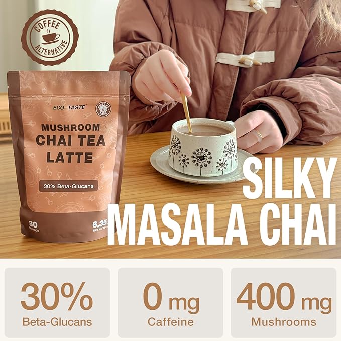 Chai Tea Latte with Mushrooms - 30 Servings, 30% Beta-Glucans - Lion's Mane, Reishi Spore, Turkey Tail Fruiting Body Extract for Relax & Energy Support, 6.35 oz