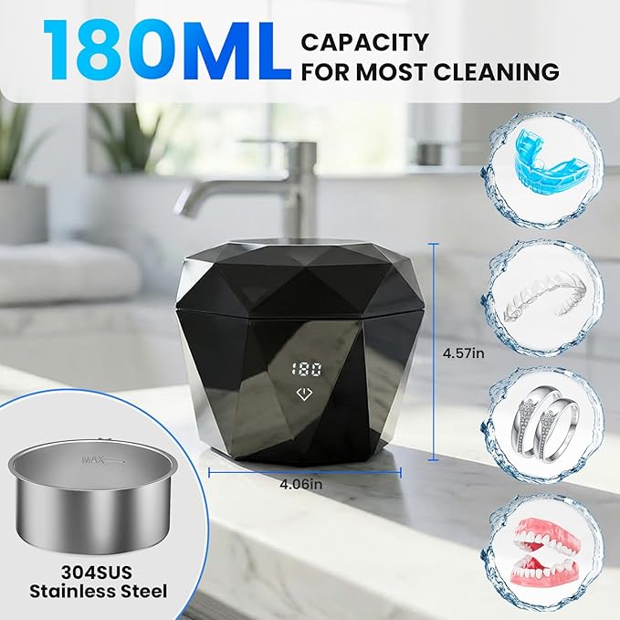 15W Ultrasonic Retainer Cleaner with 2 * 2000mAh Rechargeable Battery, LUMYSPACE 43±5KHz Denture Cleaner Machine, Digital Timer & U-V-C Lights for Braces Night Guard Mouthguard Aligners Jewelry