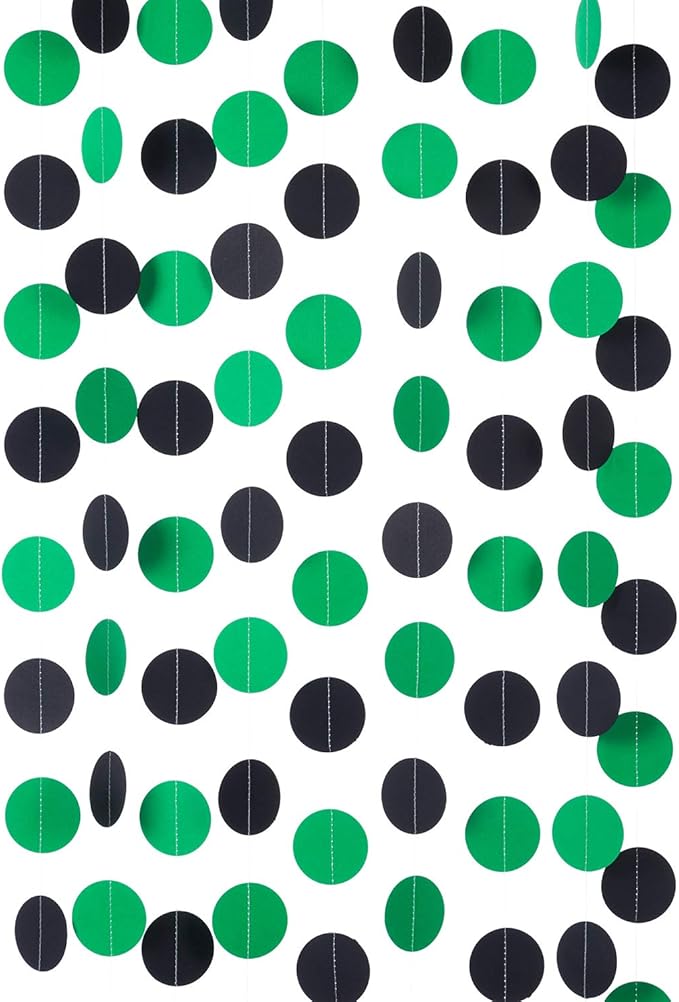 WEVEN Green and Black Paper Garland Circle Dot Party Banner Streamer Backdrop Hanging Decorations, 2" in Diameter, 3 pcs, 30 Feet in Total