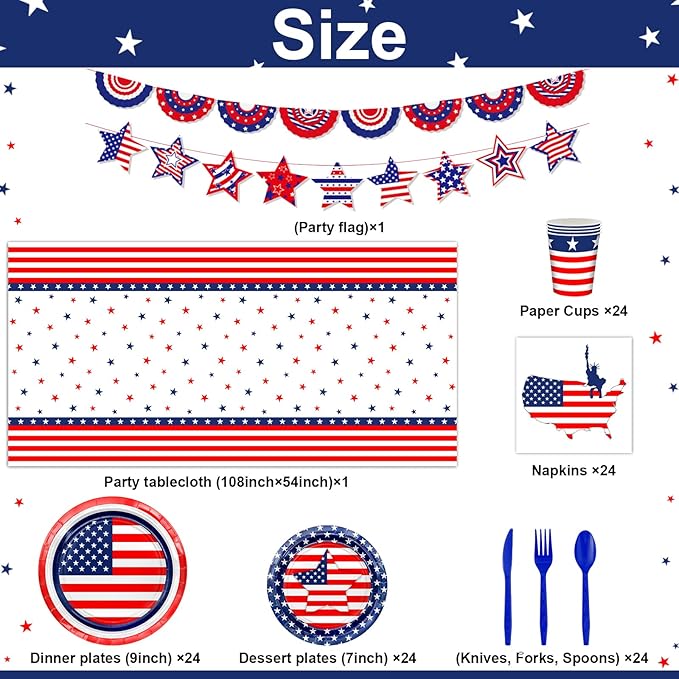 170 Pcs Patriotic American Flag Plates Napkins Cups Tablecloth Banner Red White Blue 4th of July Party Supplies for Flag Day, Veterans Decorations Serve 24