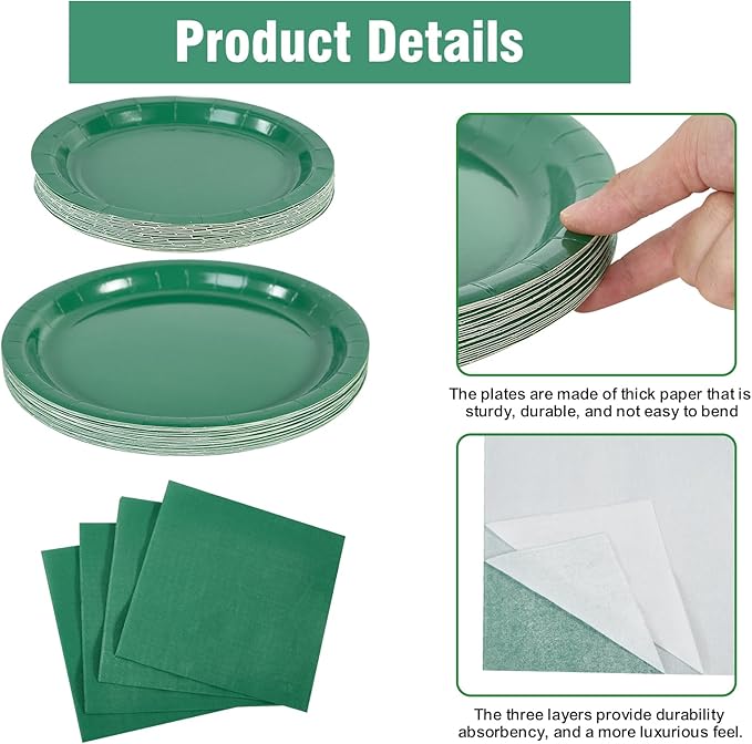 Ottin 169PCS Green Party Supplies for 24 Guests – Disposable Paper Plates, Napkins, Cups, Forks, Knives, Spoons & Tablecloth for Birthday, Wedding, Halloween, Thanksgiving, Christmas, and New Year