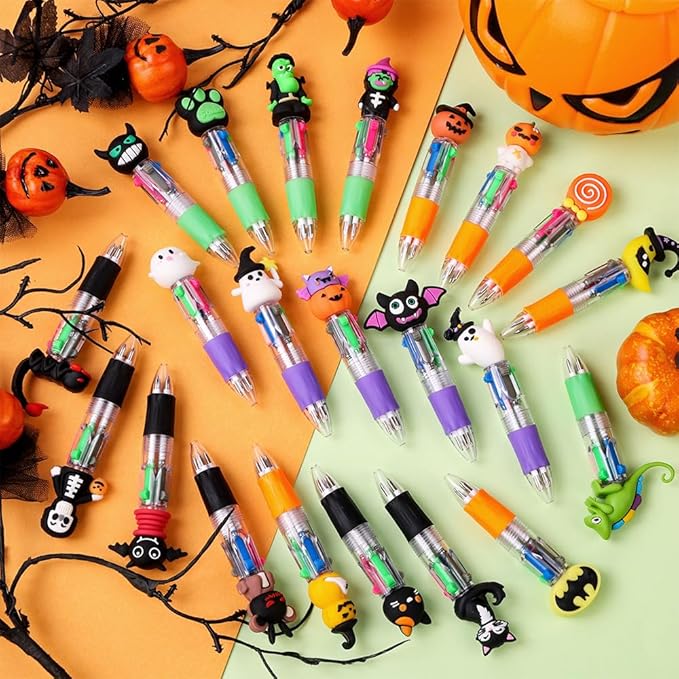 24PCS Halloween Fun Pens Multicolor Ballpoint Pens 4 Colors in 1 Halloween Retractable 0.7mm Multicolor Writing Stationery for Party Favors Supplies Rewards Holiday Gifts