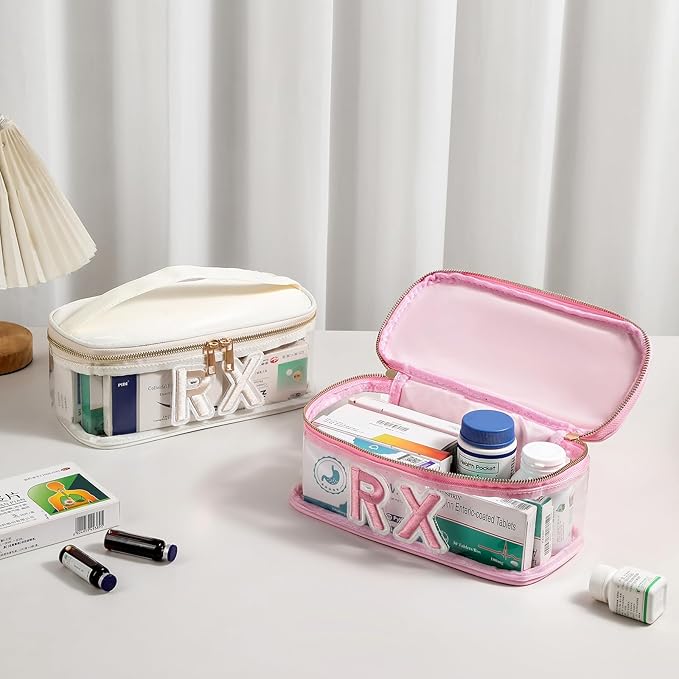 Clear Waterproof MEDS RX Makeup Bag，Transparent PVC Letter Patch medication travel case with Handle and Zipper, Portable Meds First Aid Travel Organizer Cosmetic Bag(04 Beige RX)