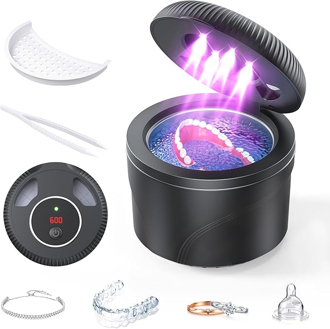 Ultrasonic Retainer Cleaner, 45kHz Retainer Cleaner Machine for Dentures, Mouth Guards, Aligners, Braces, Toothbrush Heads & Jewelry, 200ML Dental Cleaning Pod with 4 Modes & Digital Timer