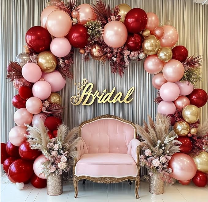 Burgundy Pink Balloon Arch Kit, Double Stuffed Ruby Red Pearl Pink Gold Balloon Garland Wine Red Maroon Balloons for Mother's Day Wedding Engagement Bridal Shower Birthday Graduation Party Decor