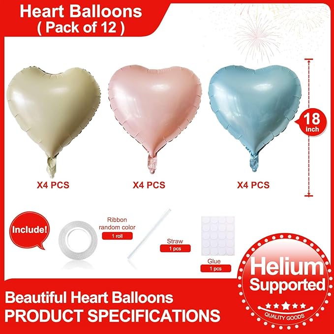 Lovoir 12 Pcs Blue Heart Shape Foil Mylar Balloons 18 Inch Love Balloons for Valentine's Day Birthday Party Decorations Wedding Engagement Romantic Decor (Baby Pink & Baby Blue & White)