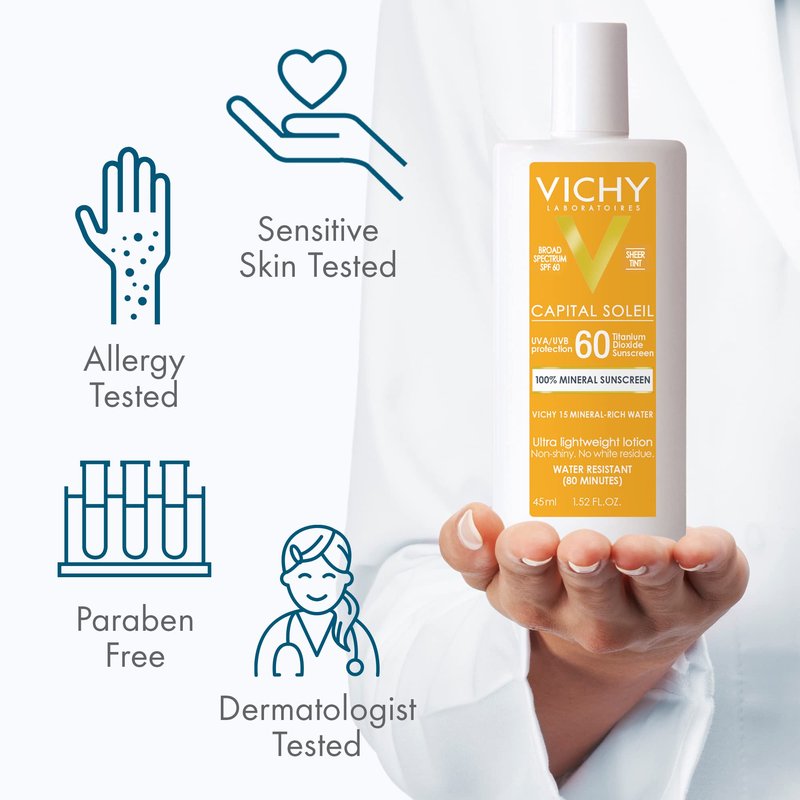 Vichy Capital Soleil Tinted Mineral Sunscreen for Face SPF 60, Titanium Dioxide Face Sunscreen, Travel Size Sunscreen, Water Resistant, Light weight Sun Protection Creams, Gels, & Lotions