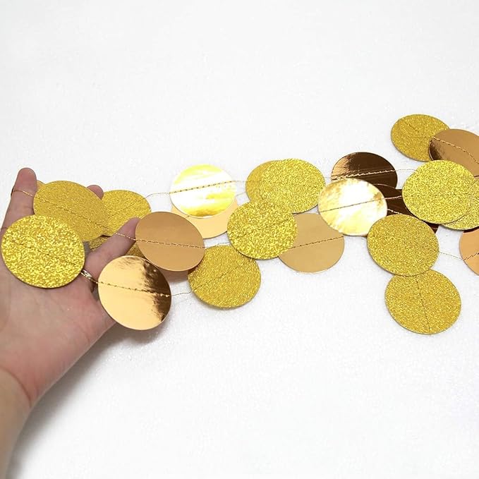 Decor365 Glitter Gold Party Decorations Glitter Golden Birthday Decoration Circle Dot Garlands Baby Bridal Shower Christmas New Year's Eve Anniversary Graduation Gold Streamer Decor