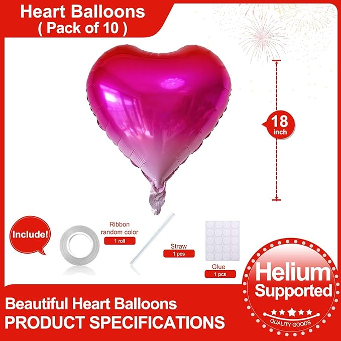 Lovoir 10 Pcs Gradient Heart Shape Foil Mylar Balloons 18 Inch Love Balloons for Valentine's Day Birthday Party Decorations Wedding Engagement Romantic Decor (Gradient)