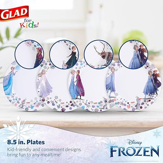 Glad for Kids Disney Frozen Disposable Paper Plates, Anna and Elsa - Heavy Duty, Soak Proof, Microwavable, Kid-Friendly Snack Plates for Everyday Use, 8.5 Inch, 40 Count - 8 Pack
