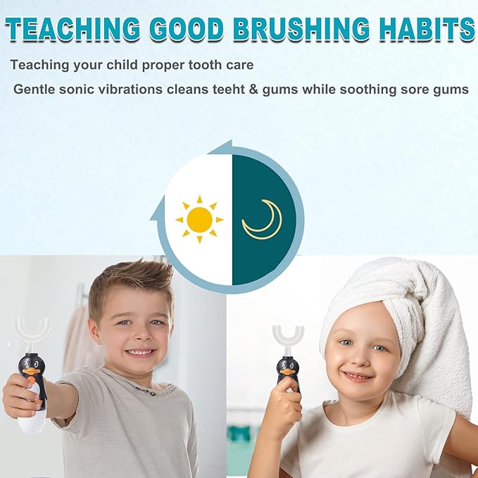 Kids Electric Toothbrush, U-Shaped Automatic Toothbrush,360° Cleaning with Three Types of Brush Heads,Large for 7-12 Years,Cartoon Modeling,Black,1 Pack