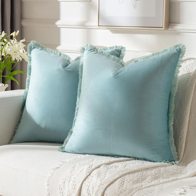 FUTEI Aqua Velvet Decorative Throw Pillow Covers 20x20 Set of 2,Soft Cozy Edge with Tassels Cushion Case,Boho Modern Home Decor for Couch Bed Living Room