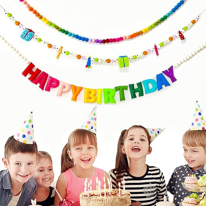 Pre-Strung Happy Birthday Banner, Colorful Felt Ball Garland, Felt Party Hats, Birthday Candles, Personalized Banner Sign for Holiday Decor Birthday Party Decoration