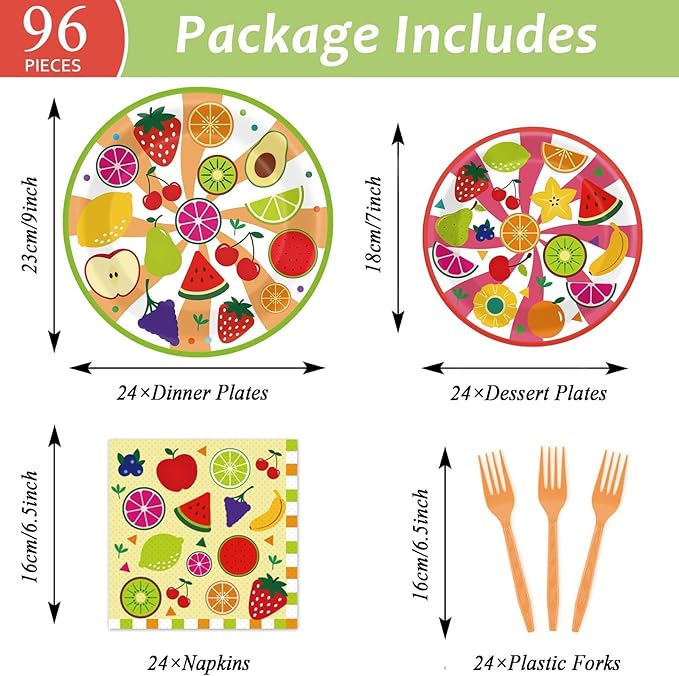 chiazllta 96 Pcs Fruits Paper Plates Tutti Summer Fruit Birthday Party Decorations Disposable Fruit Tableware Party Supplies Favors for 24 Guests