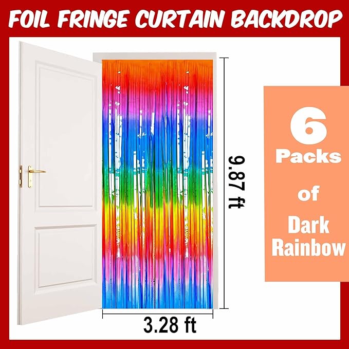 6 Pack Dark Rainbow Foil Fringe Curtains Backdrop, 3.28 x 9.8 Ft Metallic Streamers Tinsel Curtains Background for Photo Booth, Birthday, Halloween, Christmas, New Year Party Decorations