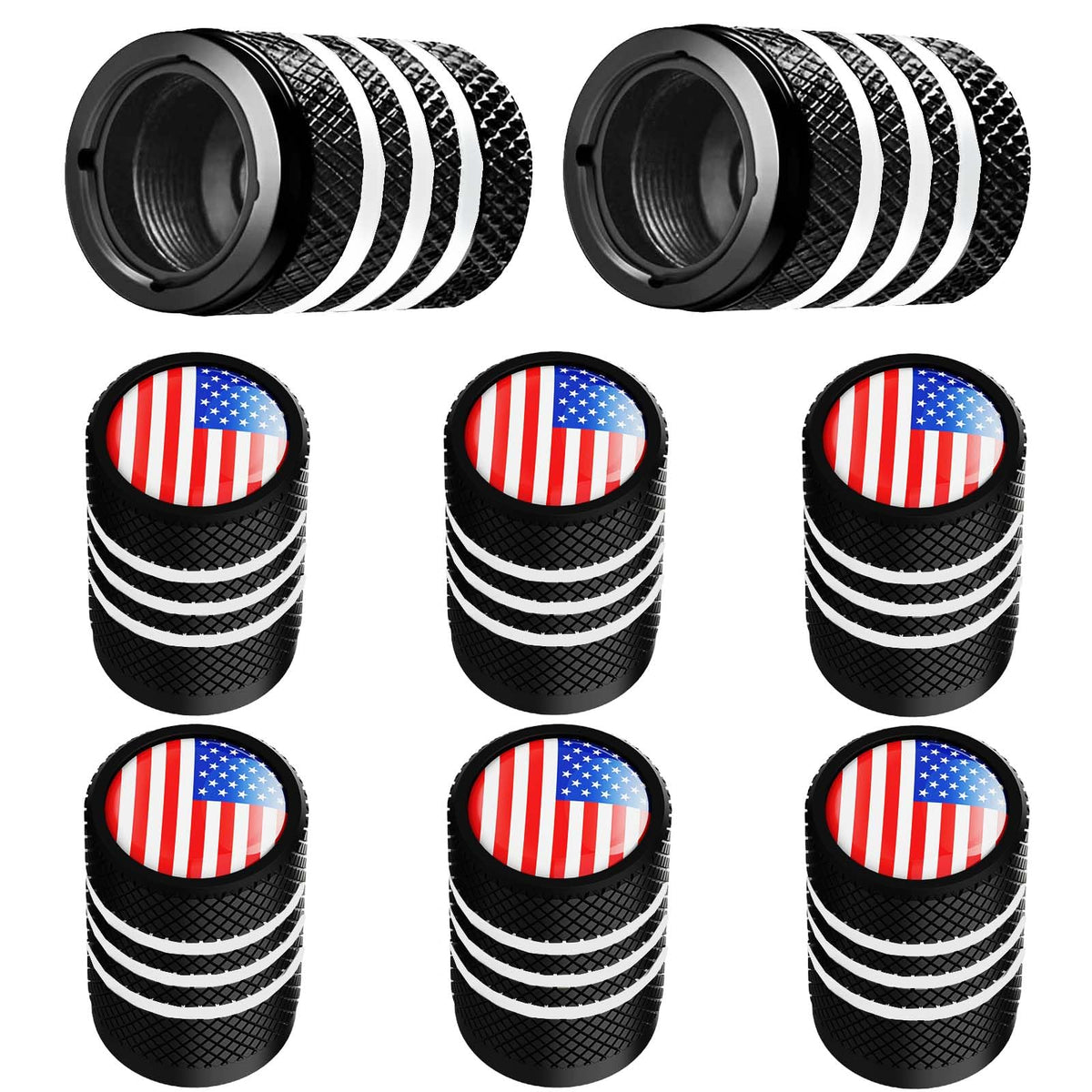 Tire Valve Stem Cap Metal with Plastic Liner 8 Pack, Corrosion Resistant, Anodized Aluminum, Leak-Proof American Flag,Universal