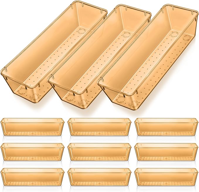 Maitys 12 Pcs Vanity Drawer Organizer 9 x 3 x 2 Inches Clear Plastic Utensil Organizers Kitchen Drawers Dividers for Office Desk Silverware Kitchen Utensils Cosmetics and Bathrooms(Champagne)
