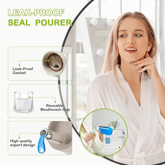Glass Mouthwash Dispenser for Bathroom, 8.8oz Refillable Mouth Wash Container Bottle with Lid Cup, Small Clear Mouthwash Dispensers Decanter for Countertop, Set of 2