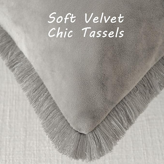 FUTEI Grey Velvet Decorative Throw Pillow Covers 16x16 Set of 2,Soft Cozy Edge with Tassels Cushion Case,Boho Modern Home Decor for Couch Bed Living Room