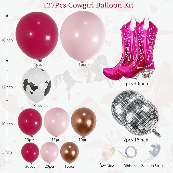 Pink & Rose Gold Cow Print Balloon Arch, Disco Boot Foil Balloons, 111Pcs Cowgirl Bachelorette Party Decorations Kit - 'Lets Go Girls' Banner - Perfect for Last Rodeo, Western, & Bachelorette Parties