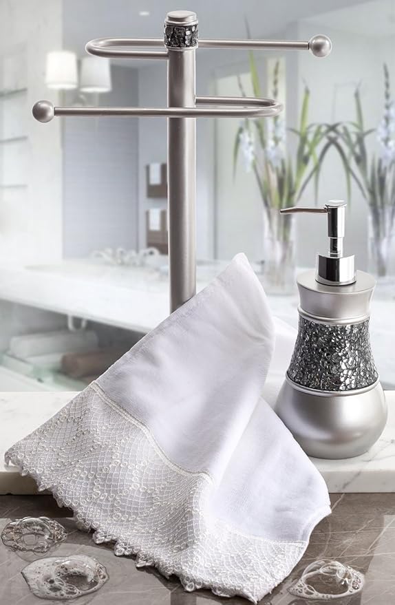 Creative Scents Crackled Glass Countertop Towel Stand, Decorative Silver Fingertip Towel Holder, Durable Resin Free Standing Towel Rack, for Elegant Counter Top Bathroom/Shower/Kitchen Decor