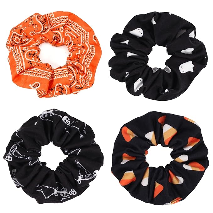 Halloween Hair Scrunchies for Women Girls Ghost Skeleton Candy Skull Hair Ties Fall Orange Bandana Hair Tie Halloween Party Gifts Elastics Scrunchy Hair Accessories