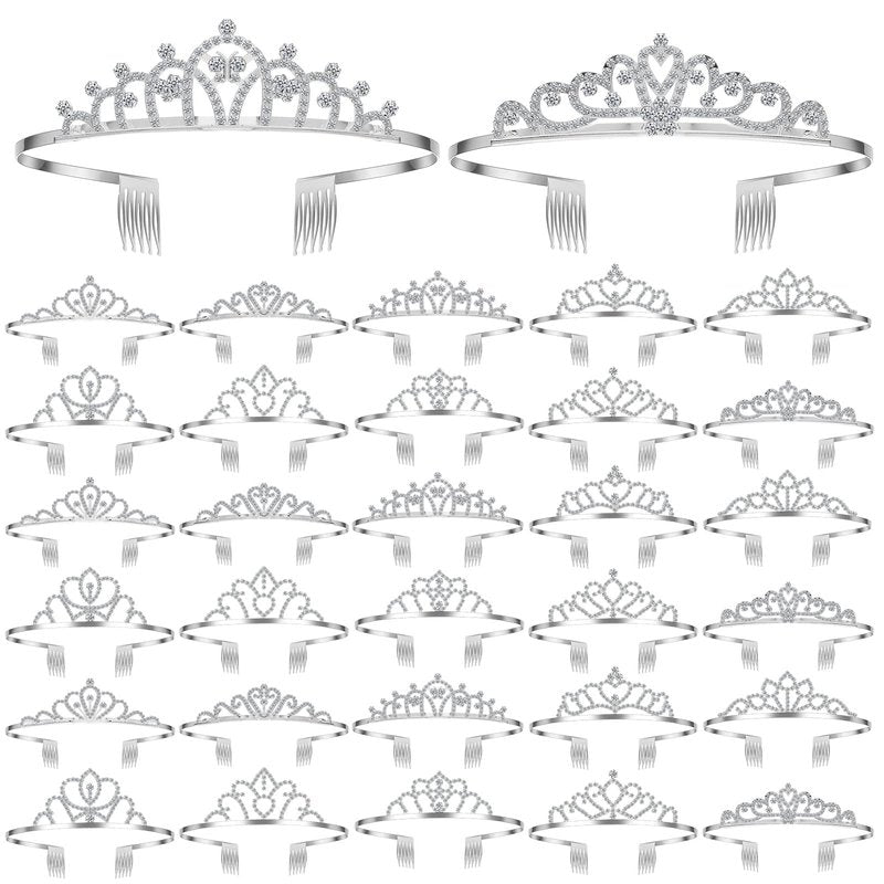 Lyrow 30 Pcs Tiara Crowns for Women Bulk Elegant Princess Rhinestone Crown with Combs Crystal Queen Tiaras with Comb Headband Silver Princess Tiaras for Birthday Wedding (Delicate Style)