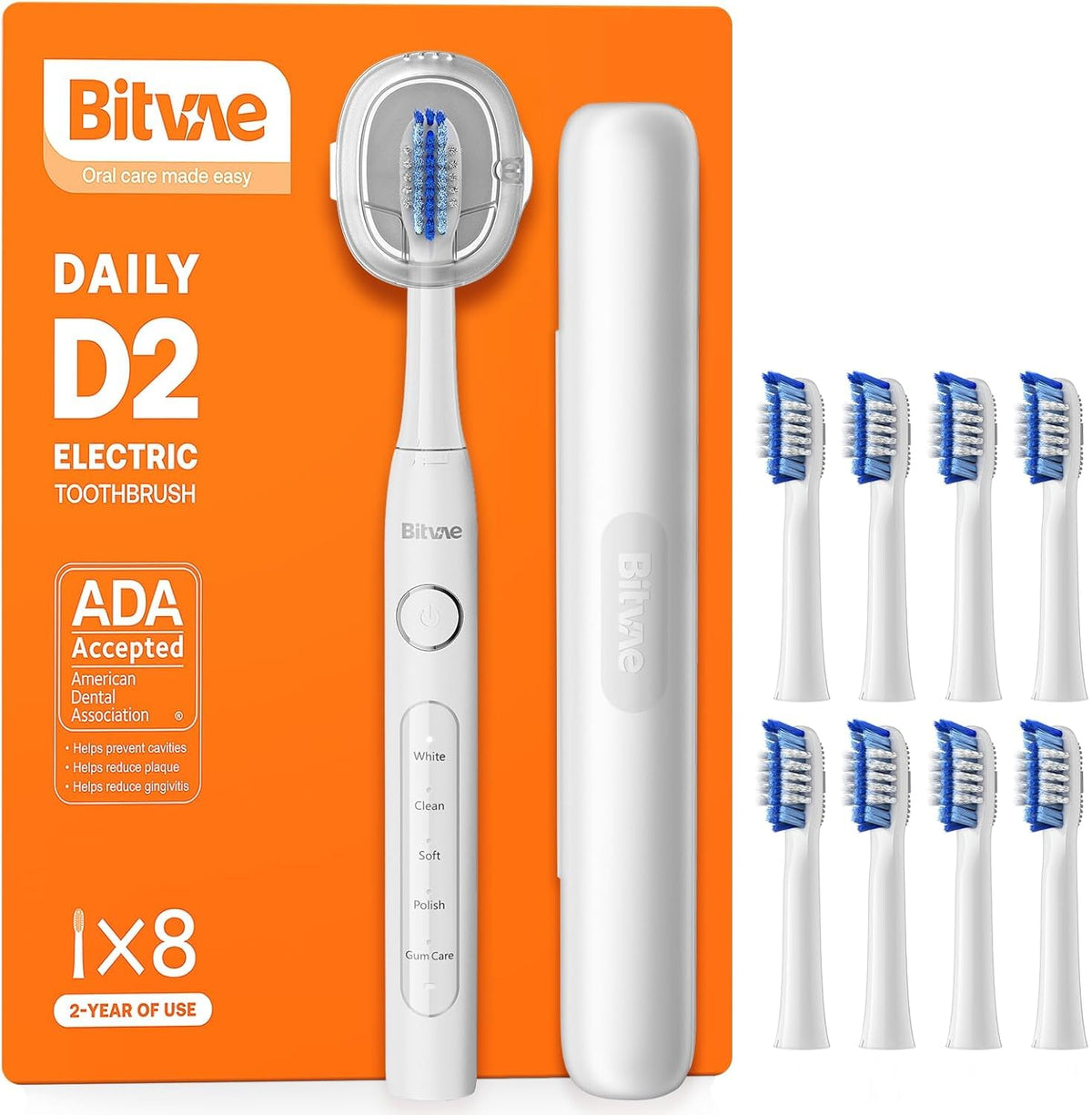Bitvae Ultrasonic Electric Toothbrush for Adults and Kids, ADA Accepted Travel Toothbrush with Rechargeable 60-Day Battery Life, 5 Modes, 8 Heads, Case, Holder, Frost White