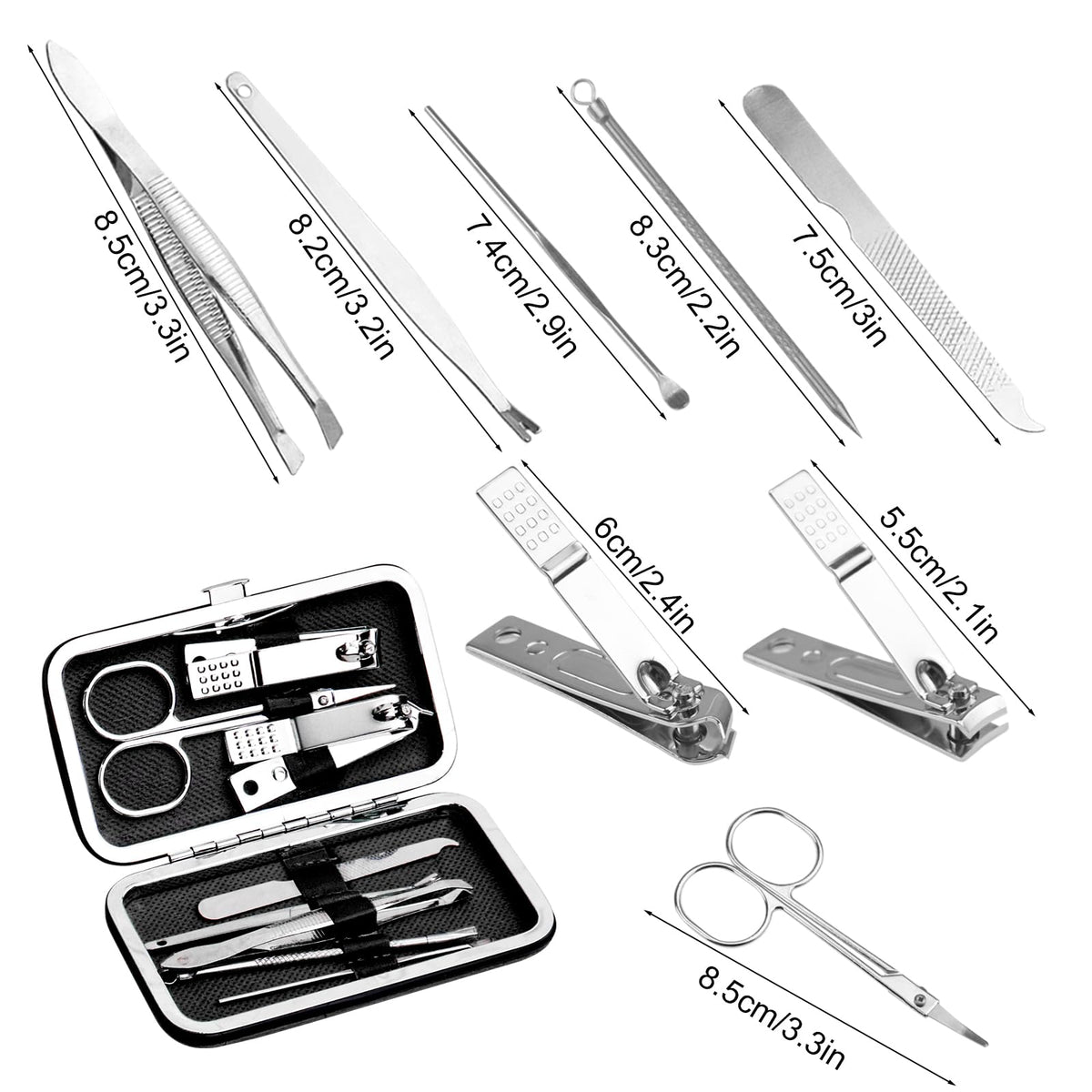 12pack Manicure Set in Bulk, Nail Clippers Kit Stainless Steel Fingernail Clippers Set, Sturdy Nail Tip Cutter Trimmers Professional Grooming Toenail Clippers Personal Pedicure Kits (8-in-1, Black)
