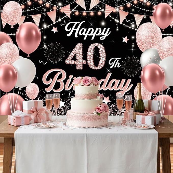40th Birthday Decorations for Women - Happy 40th Birthday Banner Decorations Cheers to 40 Years Birthday Party Indoor and Outdoor Decoration Suppiles Pink Backdrop for 40th Birthday Party Favors Decor