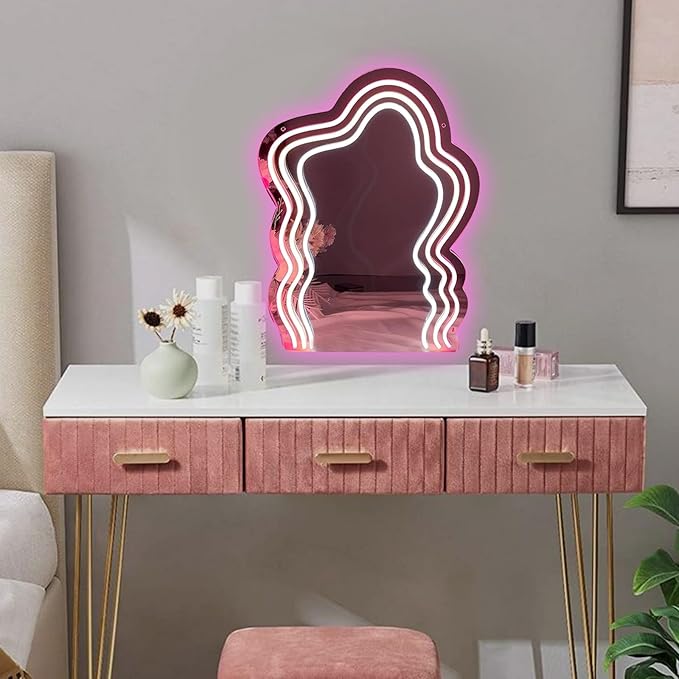 Wavy Mirror Neon Sign Neon Wall Art Sign for Wall Decor LED Neon Mirror Light Sign for Girls Room Bedroom Wedding Birthday Party