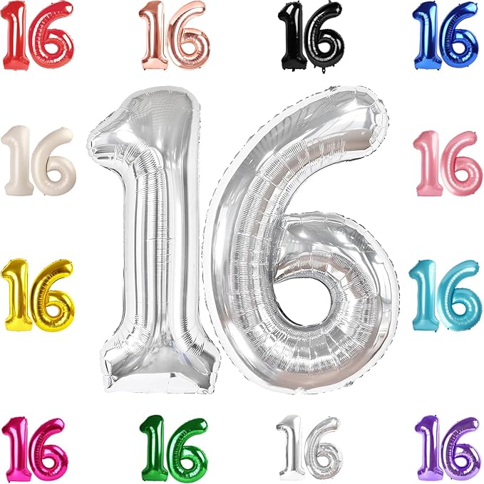 16 Balloon Number, Silver Number 16th Birthday Balloons 40 Inch, Sweet 16 Years Old Silver Birthday Decorations for Boys Girls, 16th Anniversary Decorations